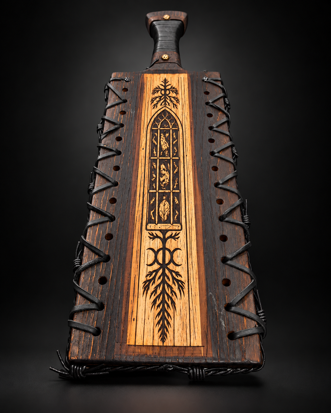 Engraved face of the one-of-one hickory bound-edge Full Paddle by The Sub Space Boutique.