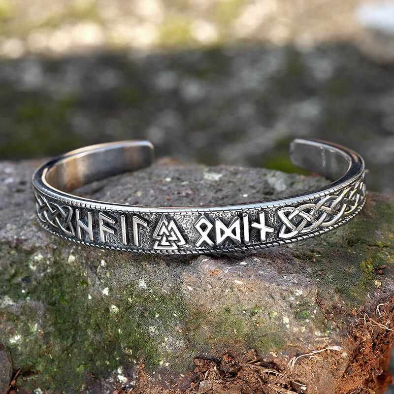 Stamped Futhark Runes Stainless Steel Viking Cuff Bracelet