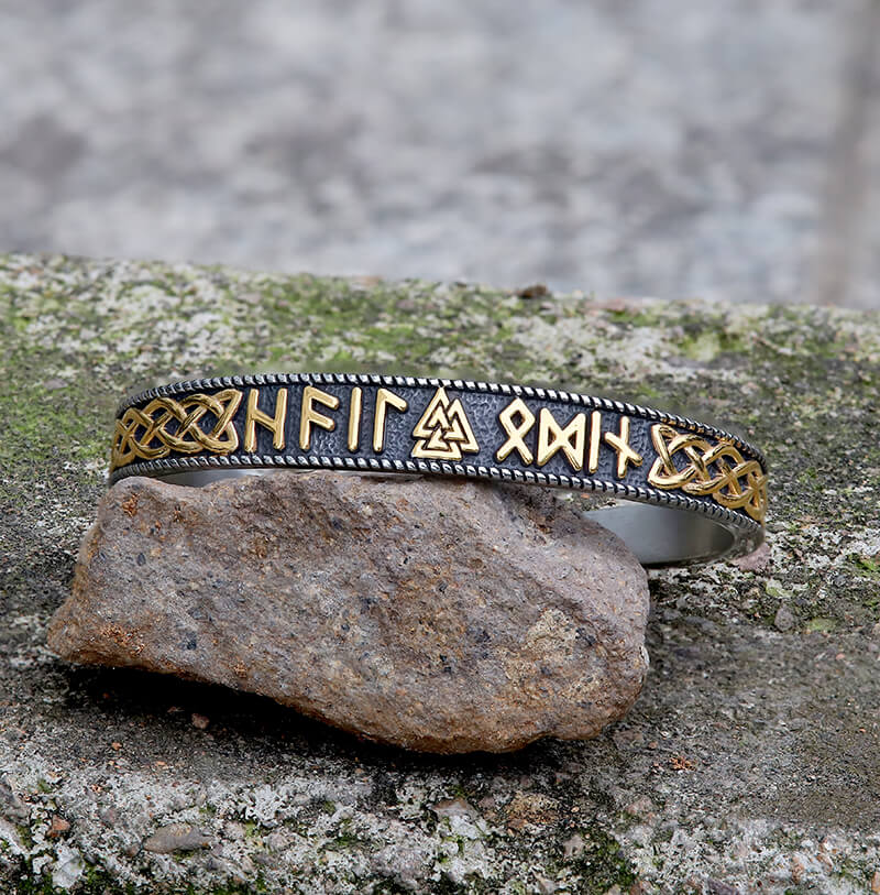Stamped Futhark Runes Stainless Steel Viking Cuff Bracelet