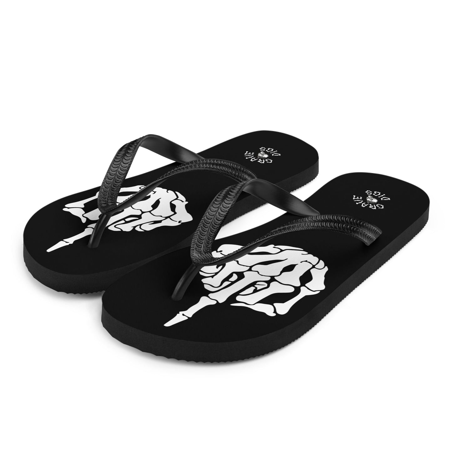 Grave Digs Skeleton Middle Finger Gothic Flip Flops