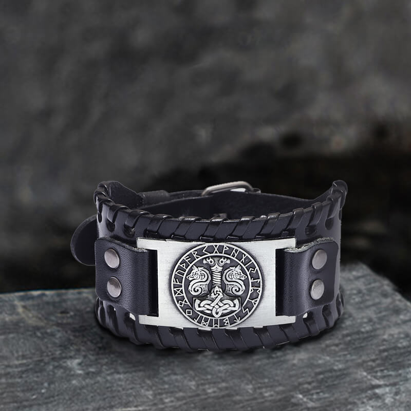 Thor’s Hammer Runes Alloy Leather Viking Bracelet