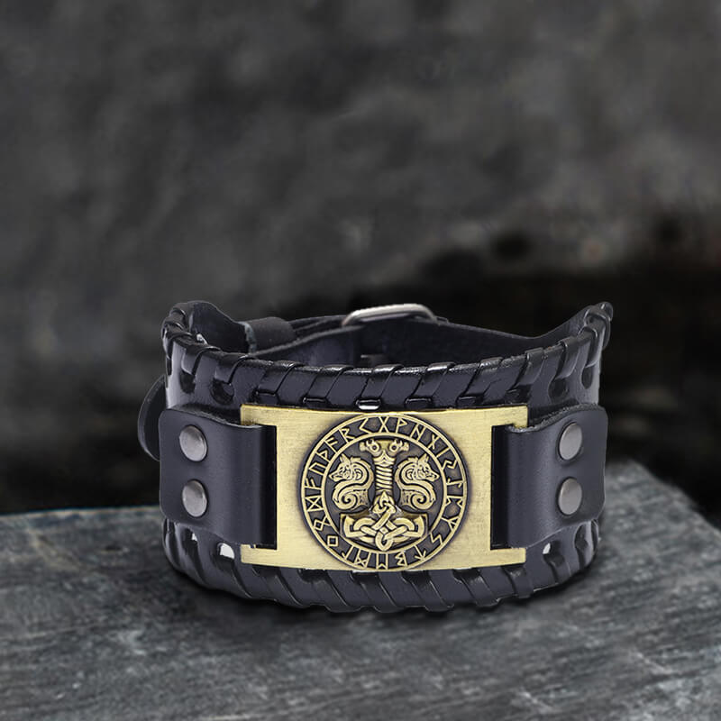 Thor’s Hammer Runes Alloy Leather Viking Bracelet