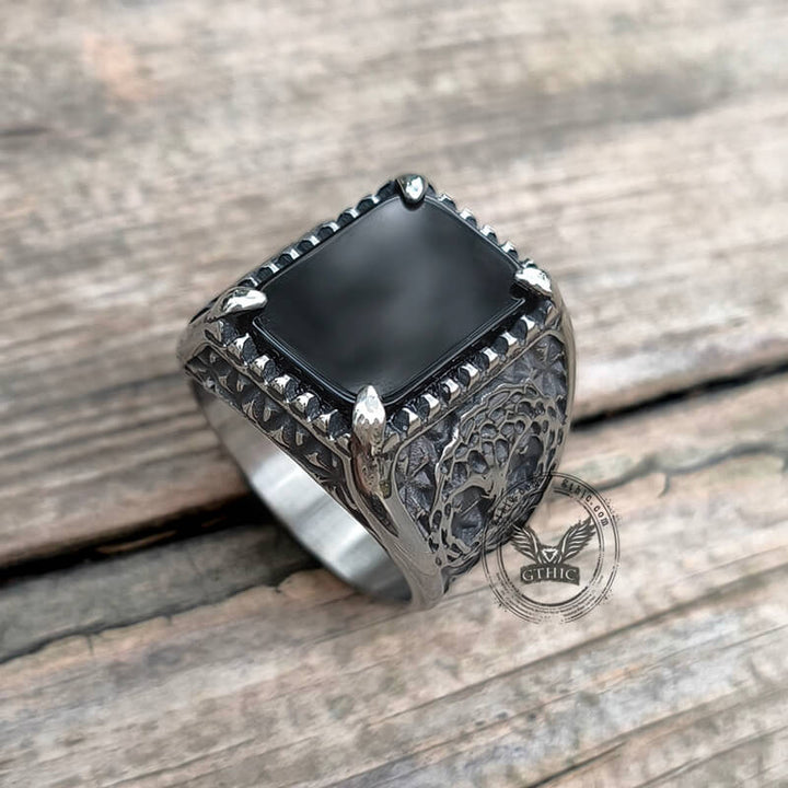 Tree Of Life Onyx Stainless Steel Viking Ring