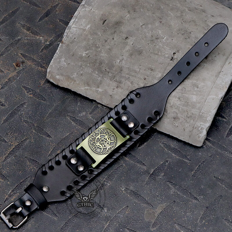 Triple Moon Tree Of Life Leather Viking Bracelet