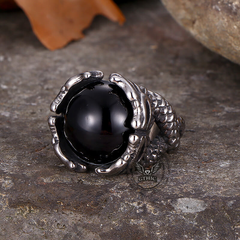 Vintage Double Dragon Playing with Gemstone Stainless Steel Ring