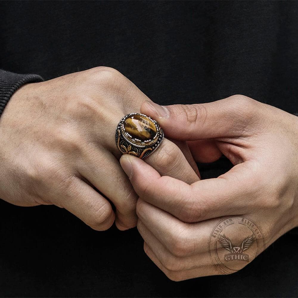 Vintage Pattern Turquoise Tiger-Eye Stainless Steel Ring