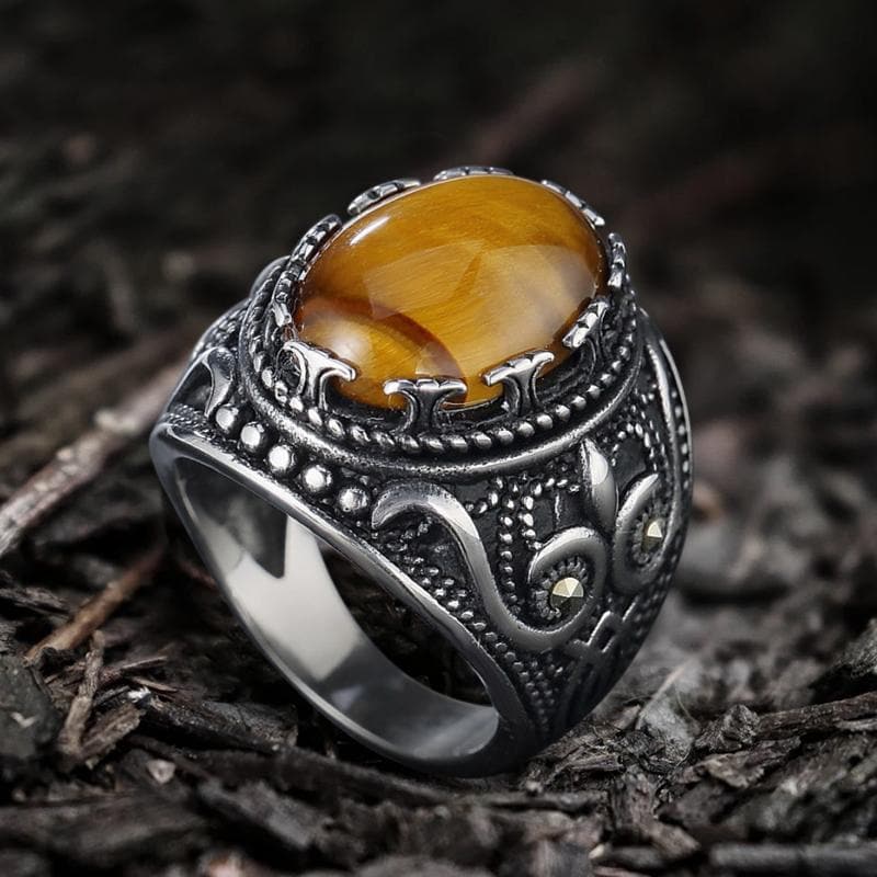 Vintage Pattern Turquoise Tiger-Eye Stainless Steel Ring
