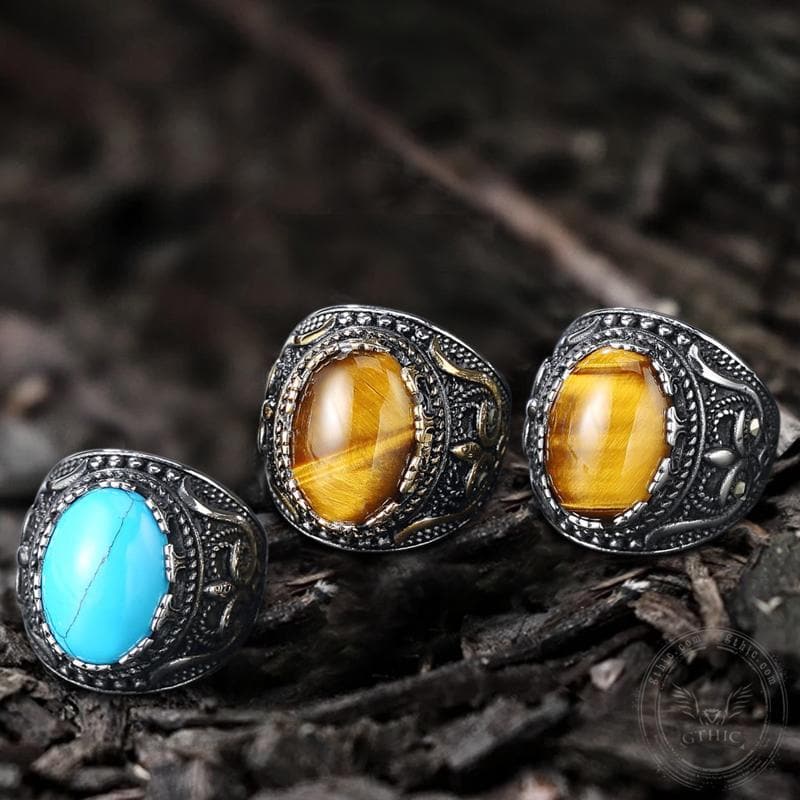 Vintage Pattern Turquoise Tiger-Eye Stainless Steel Ring