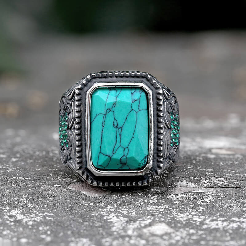 Vintage Turquoise Inlaid Stainless Steel Ring