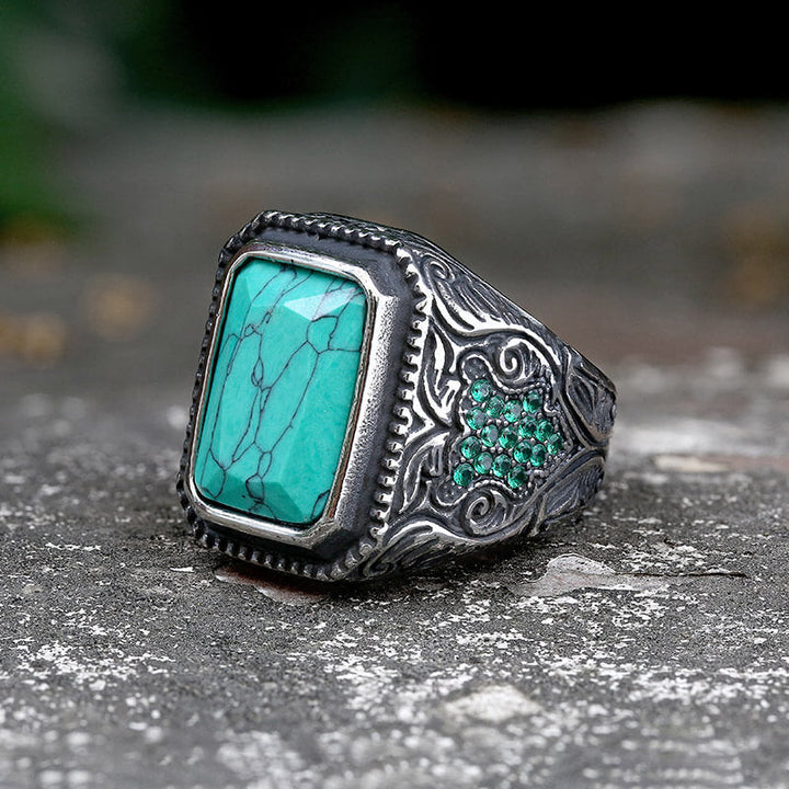 Vintage Turquoise Inlaid Stainless Steel Ring