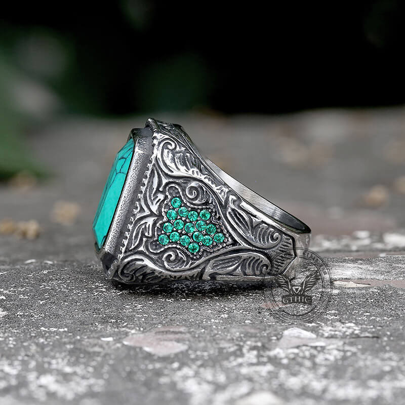 Vintage Turquoise Inlaid Stainless Steel Ring