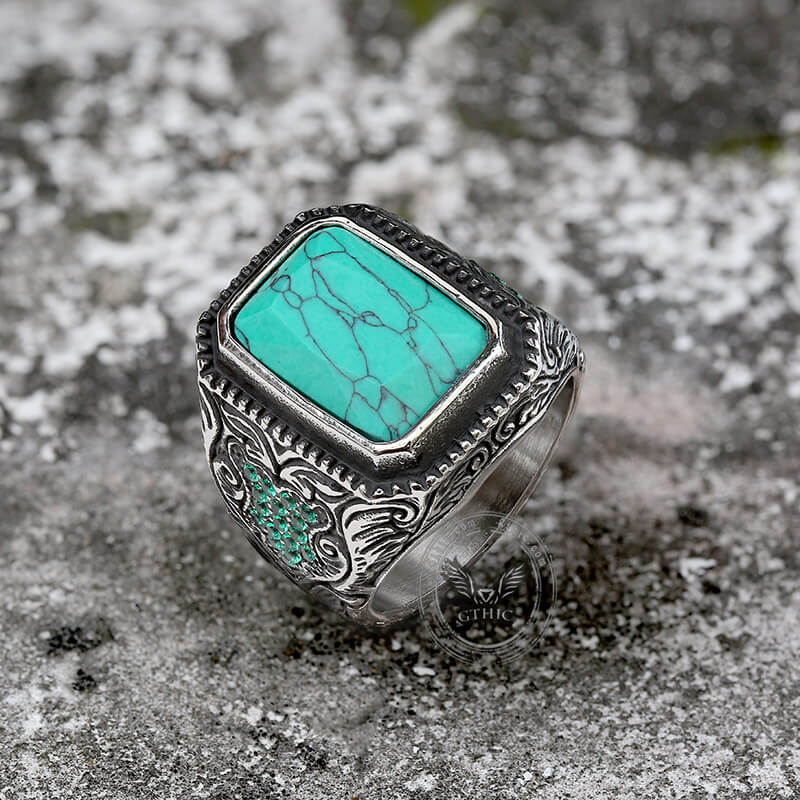 Vintage Turquoise Inlaid Stainless Steel Ring