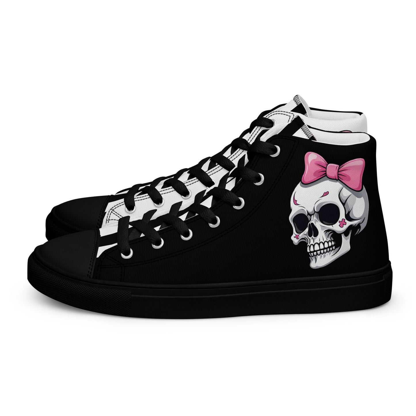 Black and White Girly Skull with Pink Bow Women’s High Top Canvas Shoes