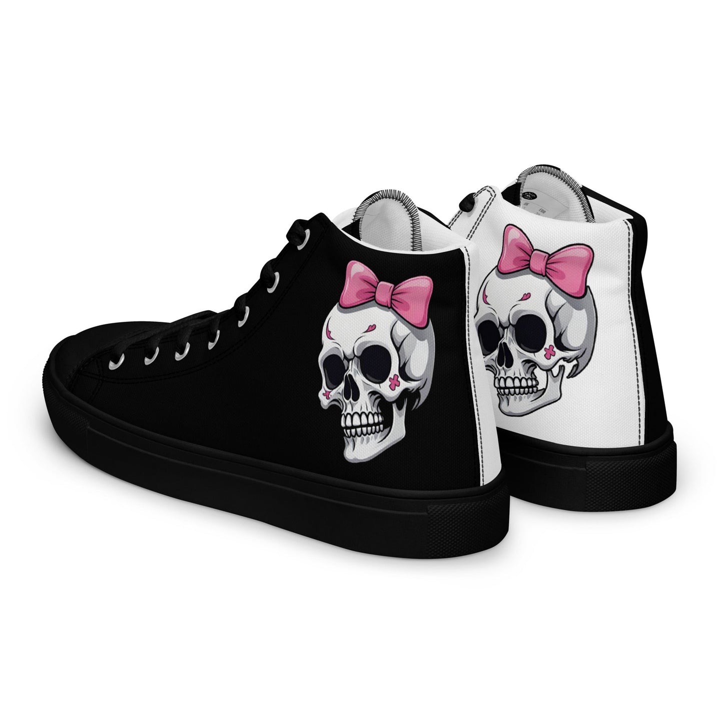 Black and White Girly Skull with Pink Bow Women’s High Top Canvas Shoes
