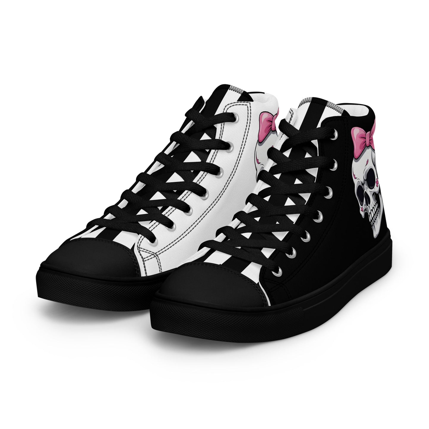Black and White Girly Skull with Pink Bow Women’s High Top Canvas Shoes