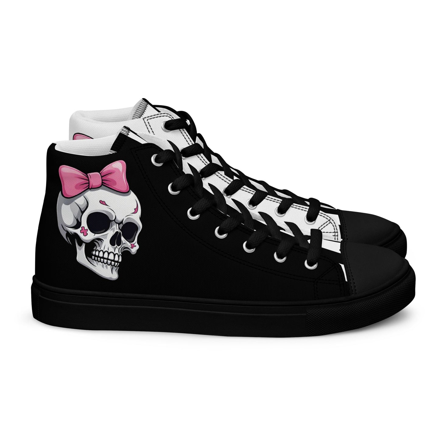 Black and White Girly Skull with Pink Bow Women’s High Top Canvas Shoes