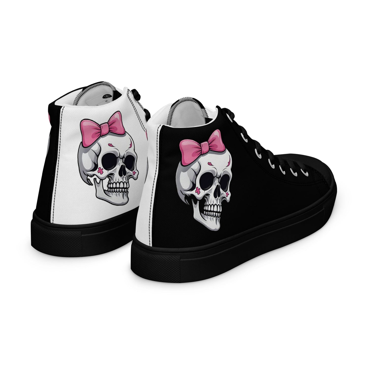 Black and White Girly Skull with Pink Bow Women’s High Top Canvas Shoes