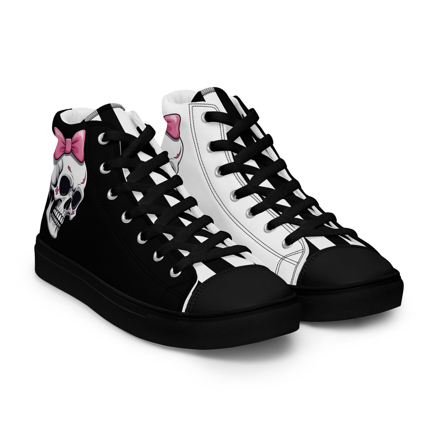 Black and White Girly Skull with Pink Bow Women’s High Top Canvas Shoes
