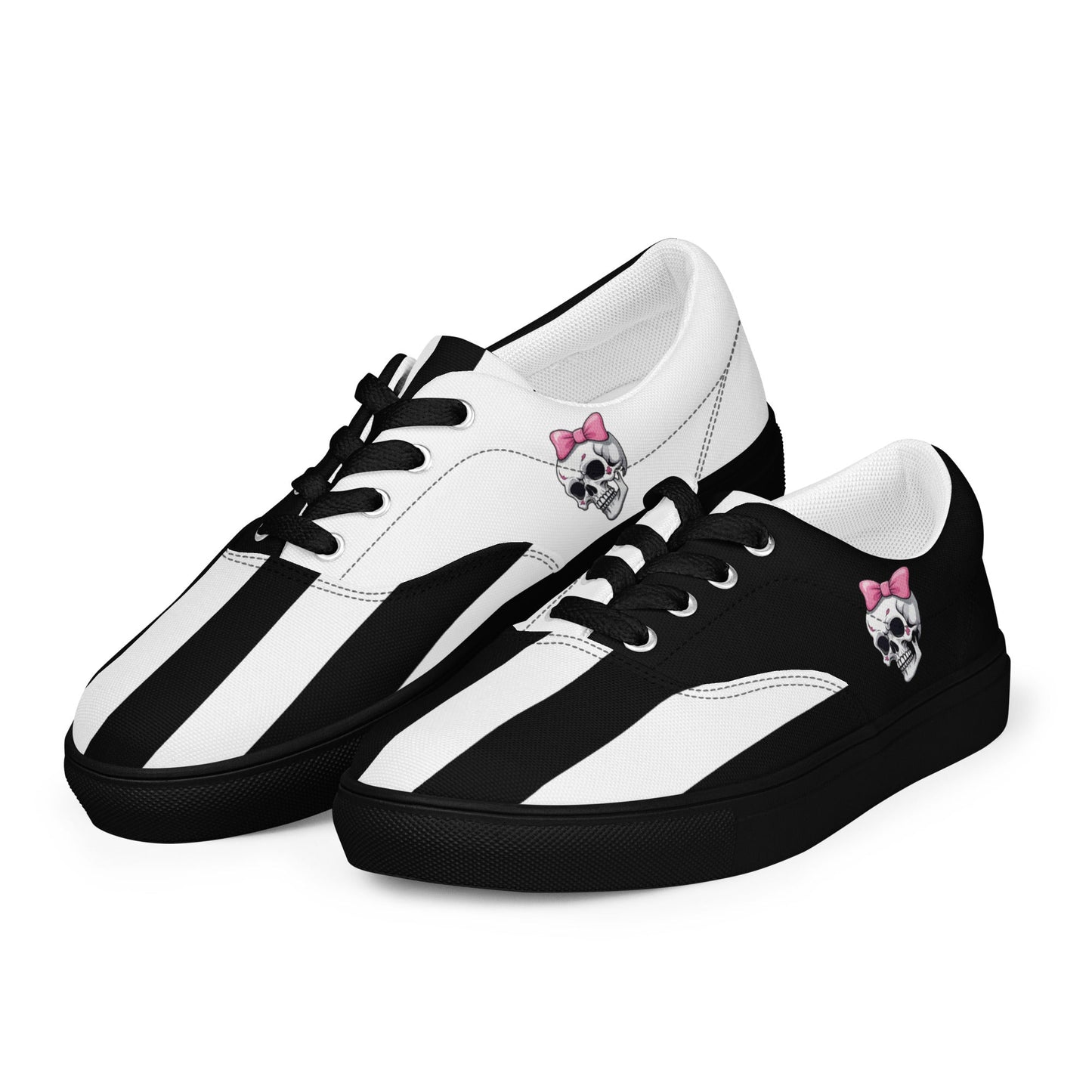 Black and White Girly Skull with Pink Bow Women’s Lace-up Canvas Shoes