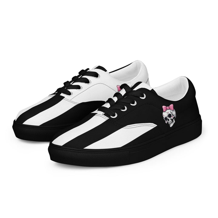 Black and White Girly Skull with Pink Bow Women’s Lace-up Canvas Shoes