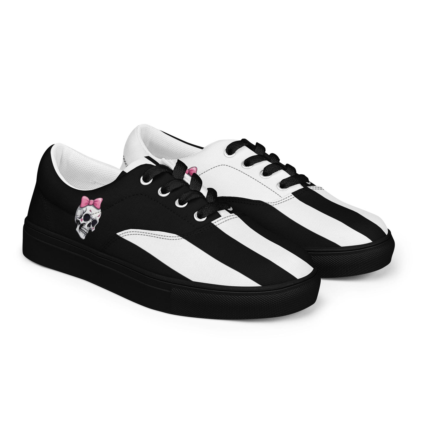Black and White Girly Skull with Pink Bow Women’s Lace-up Canvas Shoes